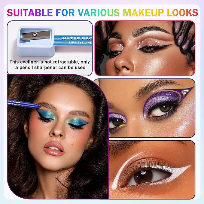 12PCS Colorful Eyeliner Pencils Set Black White Green Blue Brown Red Colored Gel Glitter Metallic Eyeliner Pencils Waterproof Long-Lasting Professional Eye Liner Makeup Kit