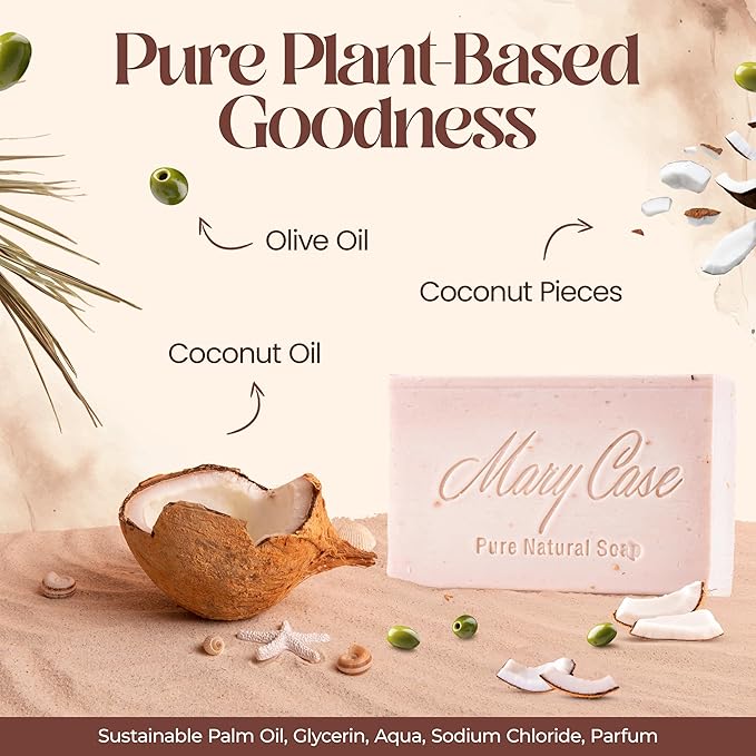 Mary Case Coconut Bar Soap Set of 4 | Natural Soap with Olive & Coconut Oils + Real Coconut Pieces | Vegan Bath Soap for Men & Women | Deep Moisturizing & Softening Dry Skin