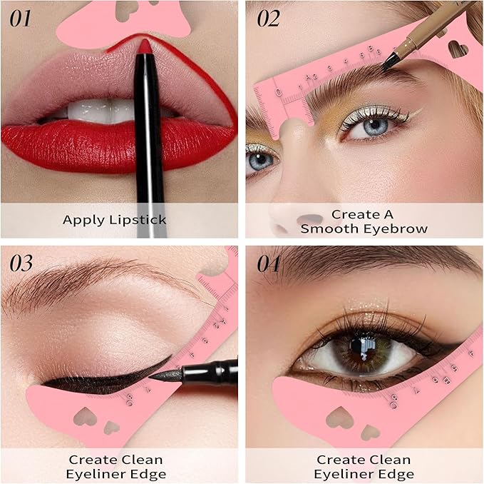 Silicone Eyebrow Stencil Ruler 4in1 Reusable Eyebrow Template for Brow Stamp Eyeliner Beginners Friendly Eye Makeup Eyelash Guide Tool (Pink)
