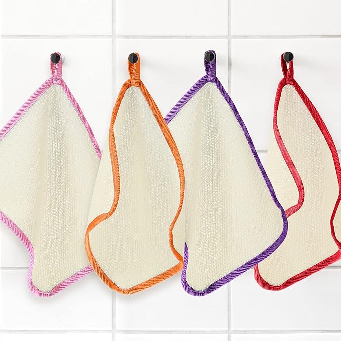 Tatuo 5 Pcs Exfoliating Face and Body Wash Cloths Towel Weave Bath Exfoliating Scrub Massage Bath Cloth for Women and Men, 10.23 x 8.66 Inch(Green, Orange, Pink, Purple, Red Edge)