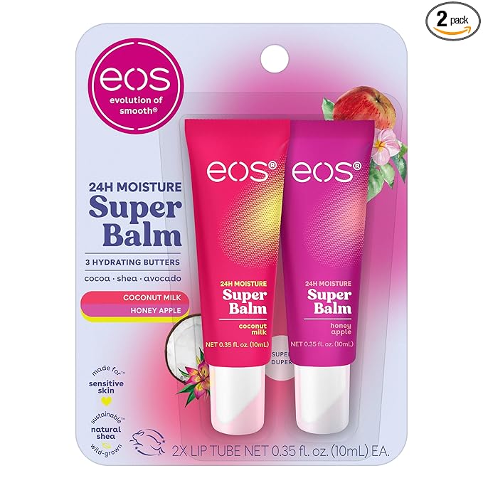 eos 24H Moisture Super Balm - Coconut Milk & Honey Apple, Day or Night Lip Treatment, Made for Sensitive Skin, Lip Balms & Moisturizers, 0.35 fl oz, 2-Pack