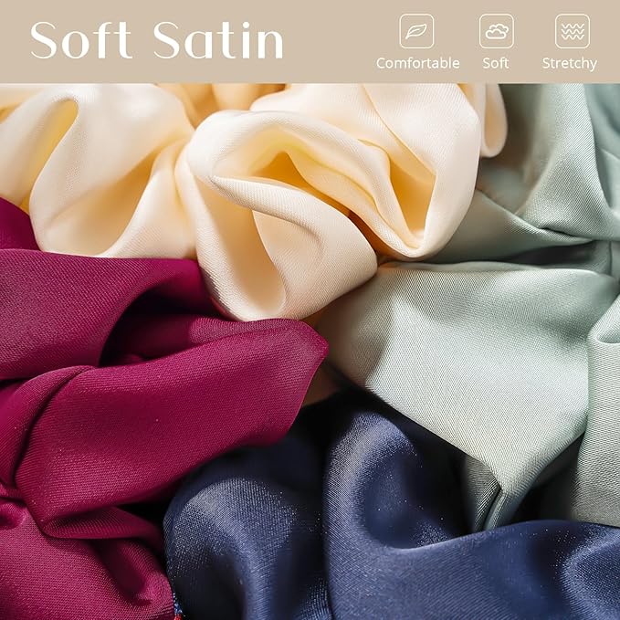 Lolalet Big Satin Scrunchies for Women, 5.9 Inch Large Oversized Scrunchie, Soft Jumbo/Giant Scrunchies Hair Ties for Thick & Curly Hair -4 Pack, Cream/Green/Navy Blue/Red