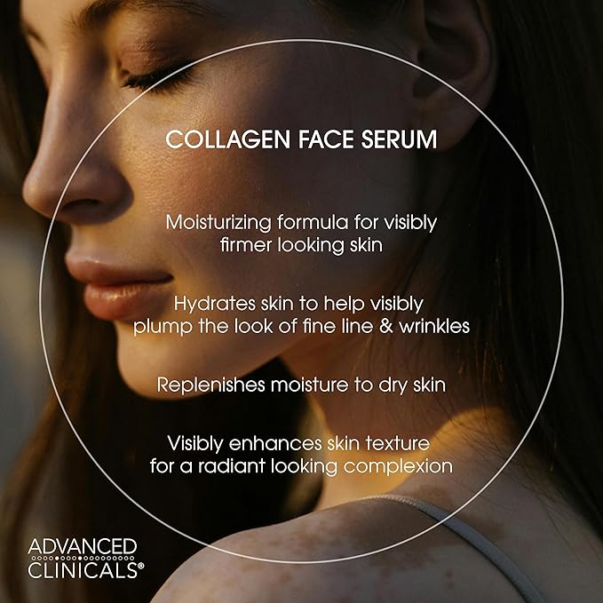 Advanced Clinicals Collagen Serum For Face | Visible Anti Aging Collagen Peptide Serum + Hyaluronic Acid Moisturizer Improves Look Of Wrinkles, Dry Skin, & Fine Lines, No added Fragrance, 1.75 Fl Oz