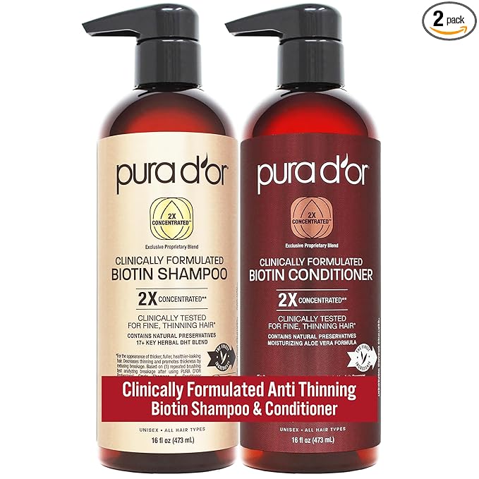 PURA D'OR Clinically Formulated Biotin Shampoo & Conditioner For Hair Thinning - 2X Concentrated Proprietary Herbal Blend Thickening Products For Women & Men, Sulfate Free, 16oz x2