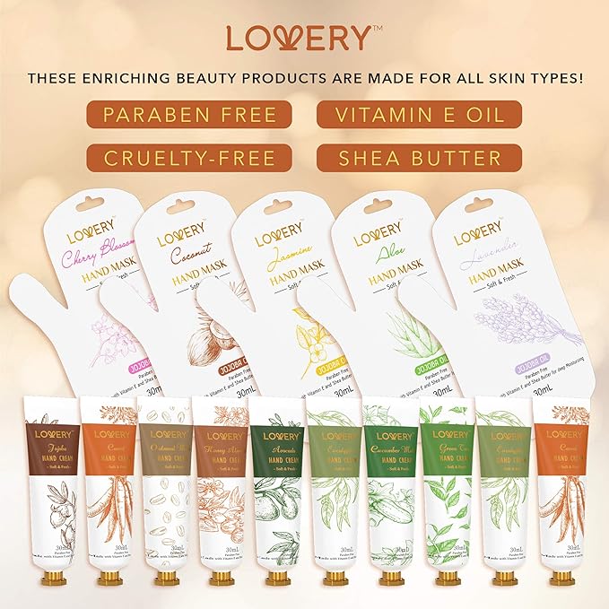 LOVERY Hand Cream and Hand Mask Gift Set - 10 Scented Moisturizing Hand Lotions & 5 Deep Conditioning Hand Masks Shea Butter, Vitamin E and Jojoba Oil - Gifts for Women, Men, Mom & Birthday