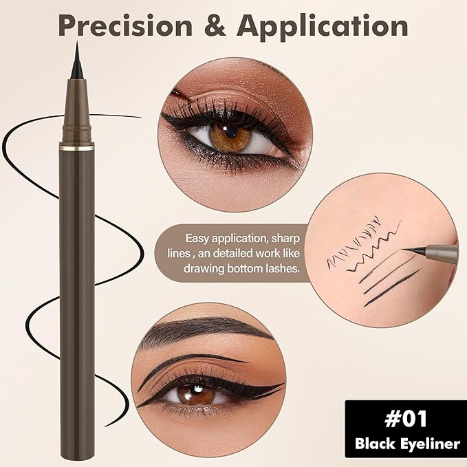 Ultra Fine Liquid Eyeliner Set，4 Pack Matte Black EyeLiners Pencils，Eye Ink Liner-Precision Tip for Winged and Inner Corner Makeup，Long Lasting，Quick-Dry，Waterproof ，Easy to Apply for Beginners