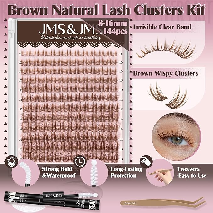 JMS&JMS Brown Lash Clusters Kit, Wipsy Manga Lashes Clusters, Spikes Eyelash Clusters Natural Lashes Kit, C Curl Cluster Eyelash Extensions Kit with Invisible Band False Eyelashes Kit