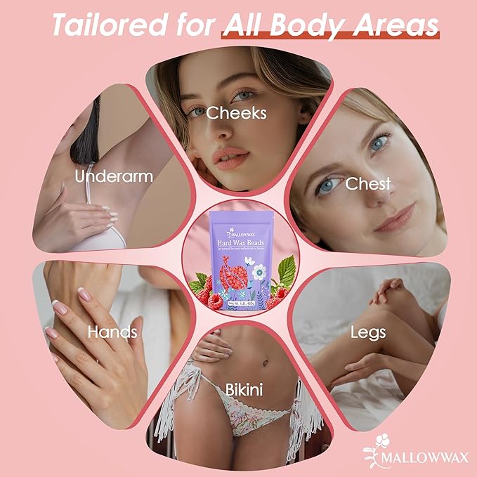 Mallowwax Hard Wax Beads, 1lb Strawberry Red Stripless Wax for Hair Removal, All-purpose Refill Wax Beans for Brazilian Bikini, Face, Eyebrows, Underarms, Chest, Back,Legs, Women and Men