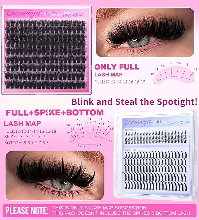 Geeneiya Full Lash Clusters D Curvature Eyelash Clusters Thick Cluster Eyelash Extensions Wispy Individual Lashes Extensions Waterproof Lashes DIY at Home for Beginners with Lash Map