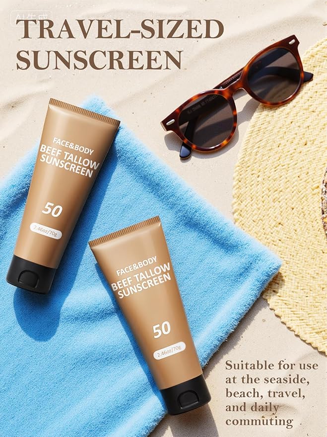 Beef Tallow Sunscreen, Sunscreen for Face, Natural Reef Safe Sunblock for Face Body, Non Greasy Clean Travel Sun Screen Sunblock for Sunmmer Outdoor Travel, 4 Packs