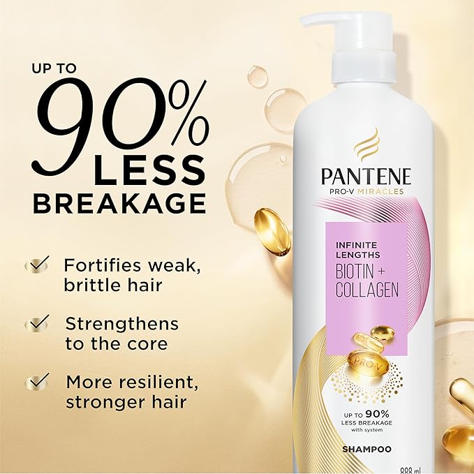 Pantene Infinite Lengths Shampoo, Sulfate Free with Biotin + Collagen, Strengthens Brittle Hair, Up to 90% Less Breakage, Safe for Color Treated Hair, Pro-V Miracles, Floral Scent, 30 Fl Oz