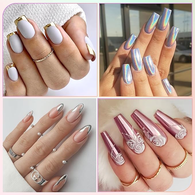 Gold Silver Chrome Nail Powder, DRMODE 6 Colors Metallic Mirror Effect Pink Light Purple Champagne Chrome Powder for Nails, Unicorn Iridescent Holographic Pigment Dust for Nail Art