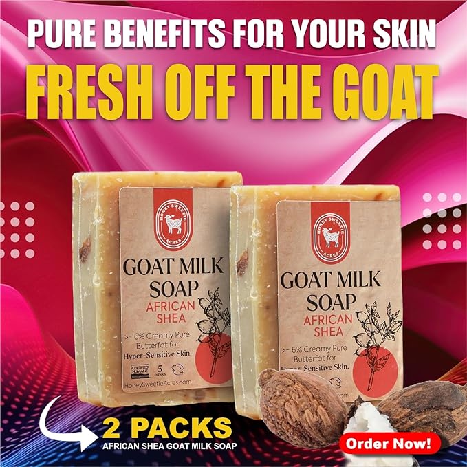 Honey Sweetie Acres 2-Pack African Shea Goat Milk Soap - Handmade 5 oz Bar, Made with Natural Ingredients, Moisturizing & Gentle, Made in the USA