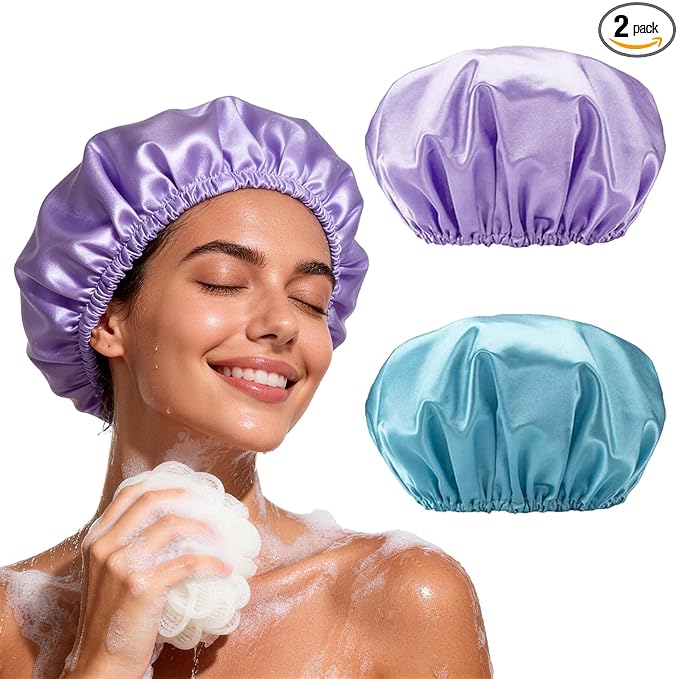 Smilco 2 Pack Shower Caps for Women, Reusable Waterproof Double Layer Bath Cap, Large EVA Elastic Hair Cover for Shower, Fits Long Hair & Braids, for Spa & Home