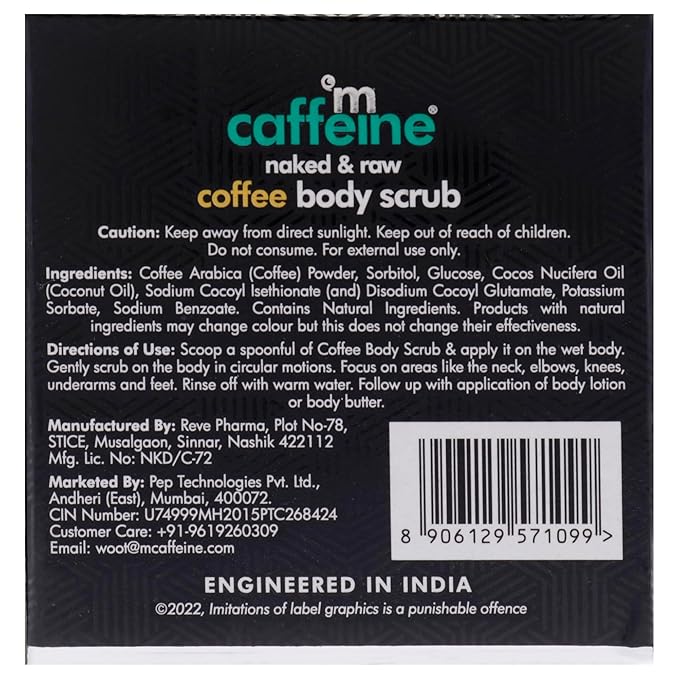 mCaffeine Naked and Raw Coffee Body Scrub - Body Wash Treats Ingrown Hair - Body Exfoliator Softens Skin - Coconut - All Skin Types - 1.94 oz