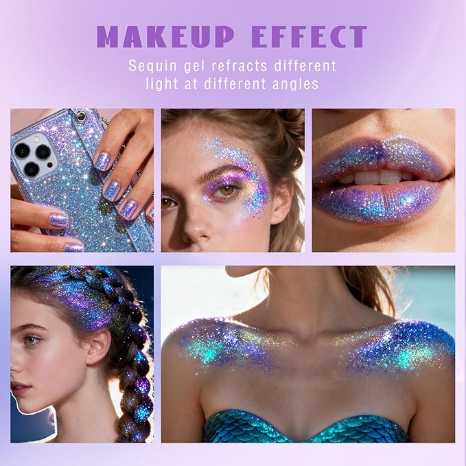 HOSAILY Roll-on Holographic Blue Body Glitter Gel for Face Hair, Chameleon Color Changing Face Paint Glitter Gel Mermaid Makeup, Chunky Sequins Festival Party Rave Accessories Shimmer Makeup