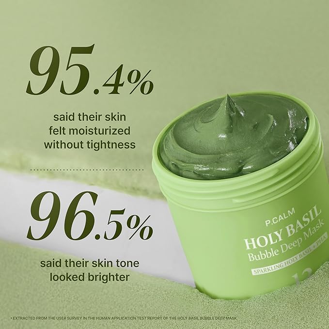 P.CALM Holy Basil Bubble Deep Mask 2EA + BRUSH – Holy Basil & Carbonated Water for Cleansing Pores & Blackheads, Korean Clay to Bubble Wash-Off Pack, Stocking Stufffers (2EA x 90g / 3.17 oz)