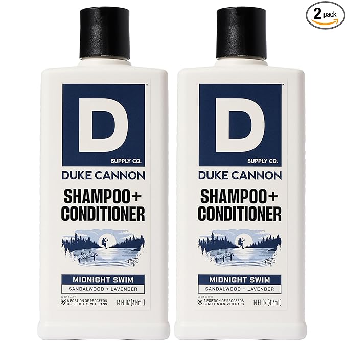 Duke Cannon Supply Co. 2-in-1 Hair Wash - Masculine Scent - Gentle Cleansing Hair Wash For Men - Stimulating Hair Shampoo & Conditioner - Strengthens Hair - Midnight Swim - 2 Pack - (14 oz)