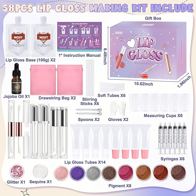 TSVATE Lip Gloss Making Kit, 58PCS DIY Lip Gloss Kit, Lipgloss Making Kit for Women, Beginner, Girls, Moisturizing Lipgloss Base Moist, Double-Ended Tubes, Jojoba Oil, Tween Girls Gift Trendy Stuff