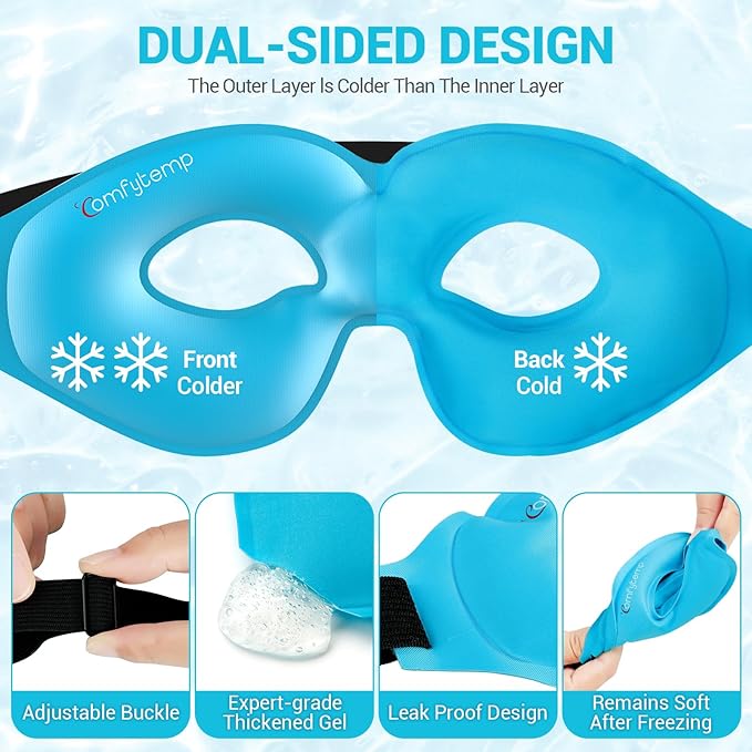 Comfytemp Cold Gel Eye Mask, Cooling Eye Ice Pack for Puffiness, Reusable Cold Compress Freeze Sleep Mask for Puffy Eye, Dry Eyes, Sinus Pressure, Migraine Relief, 2 Temp Side, 1 Pcs