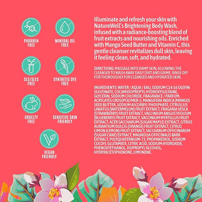 NATURE WELL Brightening Body Wash, Gentle & Creamy Formula Enriched with Mango Seed Butter & Vitamin C, Promotes a Luminous & Healthy-Looking Glow, Orange Zest, Blushed Rose, & Vanilla Scent, 33 Oz