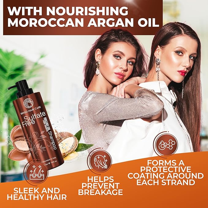 BINGO HAIR CARE Moroccan Argan Oil Shampoo - Sulfate Free, Anti Frizz Hydrating Thickening Care for Women and Men - Deep Moisturizing Treatment for Color Treated, Curly, Frizzy, Damaged and Dry Hair
