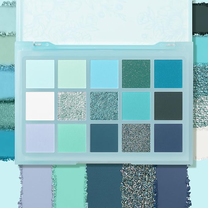 UCANBE 15 Color Eyeshadow Palette – Shimmer Matte Glitter Metallic Cool Tones Shades in White, Blue, Green, Mint, Teal, Navy – High Pigemented Blendable Eye Makeup Palette Kit