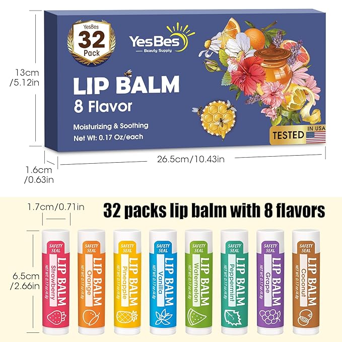 YesBes 32 Pack Lip Balm, Natural Lip Balm Bulk with Vitamin E and Coconut Oil, Moisturizing Lip Balms for Dry Cracked Lips, Lip Balms for Mothers Day Gifts Stocking Stuffers - 8 Flavors