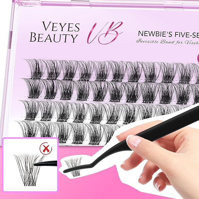 VEYESBEAUTY Lash Clusters Individual Eyelash Extensions Thin & Invisible Band DIY False Eyelashes for Self-application Newbie's Five-Second Series Wispy Lash Tray, Bomb 12mm Single Length