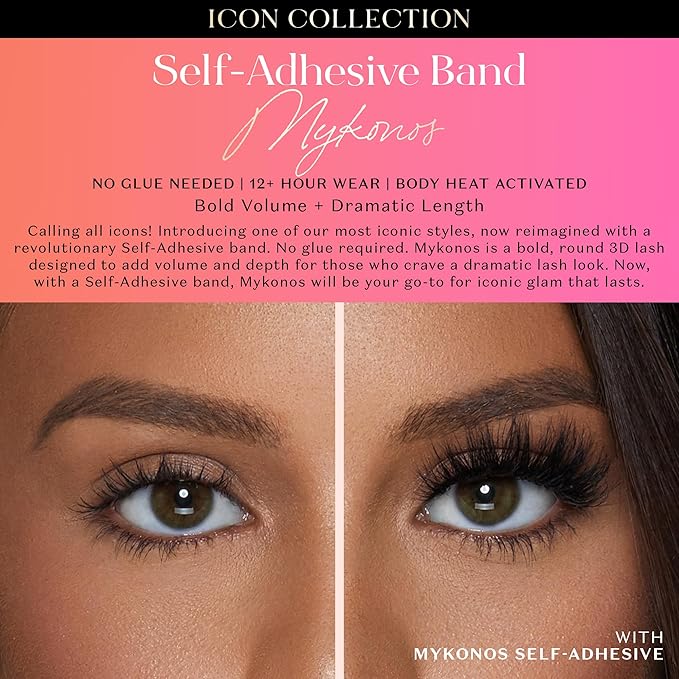 Lilly Lashes Self Adhesive Band 3D Faux Mink Eyelashes, No Lash Glue Needed, Body Heat Activated Press on Lashes, Reusable Self Adhesive Eyelashes Up to 5x, Easy to Apply & Remove (Mykonos)