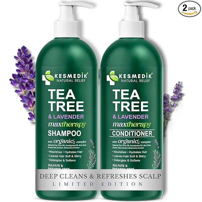KESMEDIK Tea Tree Lavender Shampoo & Conditioner Set with Mint & Rosemary, Cleanses, Cools & Soothes Dry, Itchy Scalp, Sulfate & Paraben-Free, For All Hair Types, 16 fl oz Each