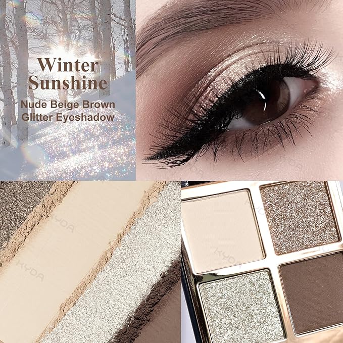 KYDA 4 Colors Brown Eyeshadow Palette, Nude Coffee Brown Glitter Eyeshadow, Shimmer Pearl Silver Eyes Shadow Palette, Ultra-fine Lightweight, High Pigment Eyes Glitter Makeup