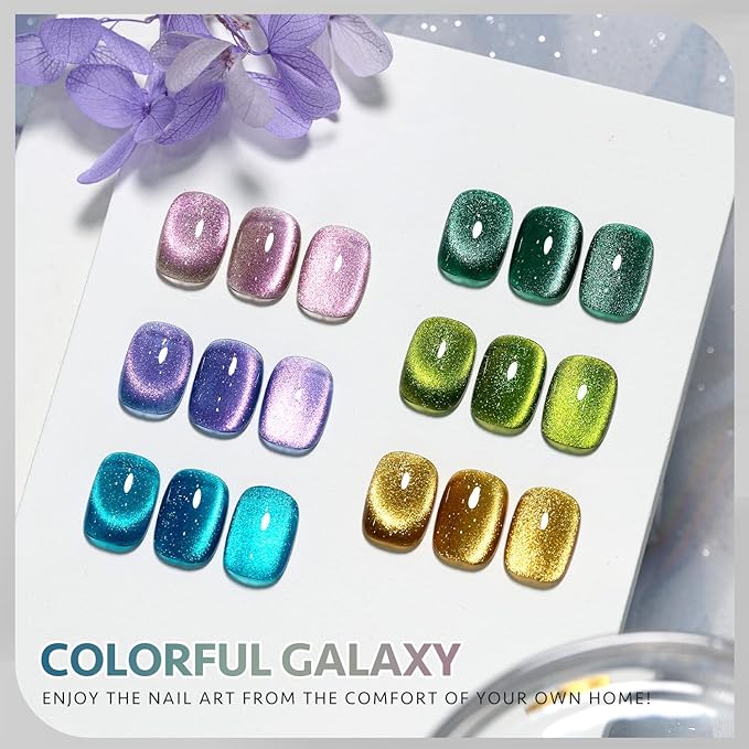 GAOY Glitter Cat Eye Gel Nail Polish Set with Magnet Colorful Galaxy for Holographic Cat Eye, Salon Gel Manicure and Nail Art DIY at Home