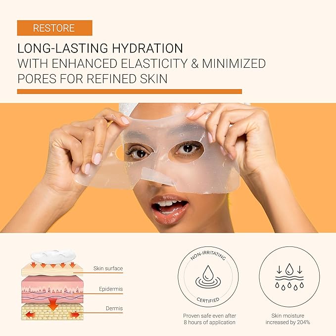 ReGlow RESTORE PRO Bio Collagen Real Deep Mask - Hydrogel Overnight Korean Face Mask for Glass Skin - Pore Minimizing & Elasticity - Collagen Sleeping Face Mask - Mothers Day Gift - 6 Pack