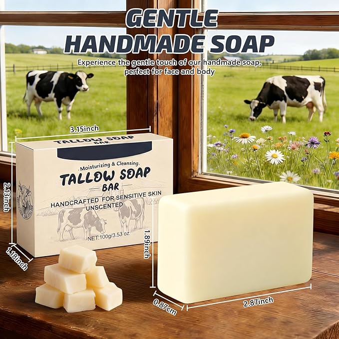 Beef Tallow Soap Bar, All Natural and Organic Grass Fed Tallow Soap, Moisturizing Face & Body Wash for Dry, Itchy, Sensitive Skin, Deep Cleansing Handmade Bath Soap for Adults, Kids - 1 Pack