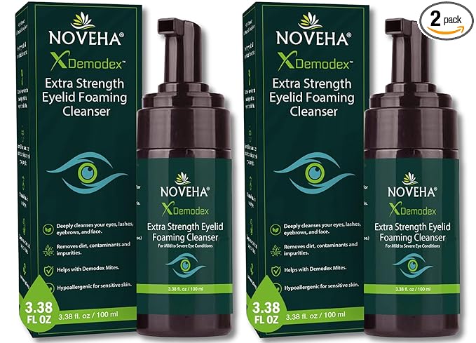 NOVEHA Demodex Eyelid Cleanser Foam | Extra Strength Tea Tree Oil Formula | Daily Face Wash For Eyelash, Demodex, MGD, Stye Eyes, Eye Irritations & Skin Dryness, 3.38 fl. oz. (100ml) - (Pack of 2)