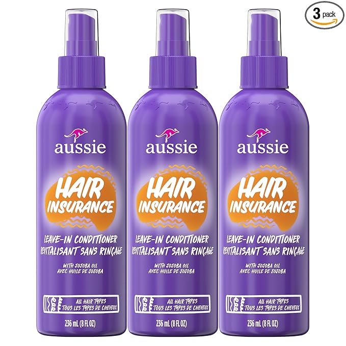 Aussie Hair Insurance Leave-In Conditioner Spray: Moisturizing Frizz Control & Detangler with Jojoba Oil (8 Fl Oz Each, 3-Pack)