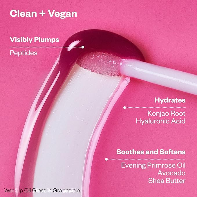 Kosas Wet Lip Oil Gloss – Plumping Peptide Lip Treatment Gloss in Sheer Pinkish Lavender, Hydrating with Hyaluronic Acid, Peptides & Plant Oils, Non-Sticky, Vegan, Clean Beauty (Grapesicle) 0.15 oz