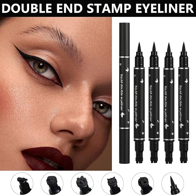 5Pcs Double-headed Liquid Eyeliner Stamp Pencil Set,Winged Eyeliner Stamp Pen Women Black Long-lasting delineador de ojos,(Heart/Flower/Star/Butterfly/Cone) Shape Eye Liner Stamp