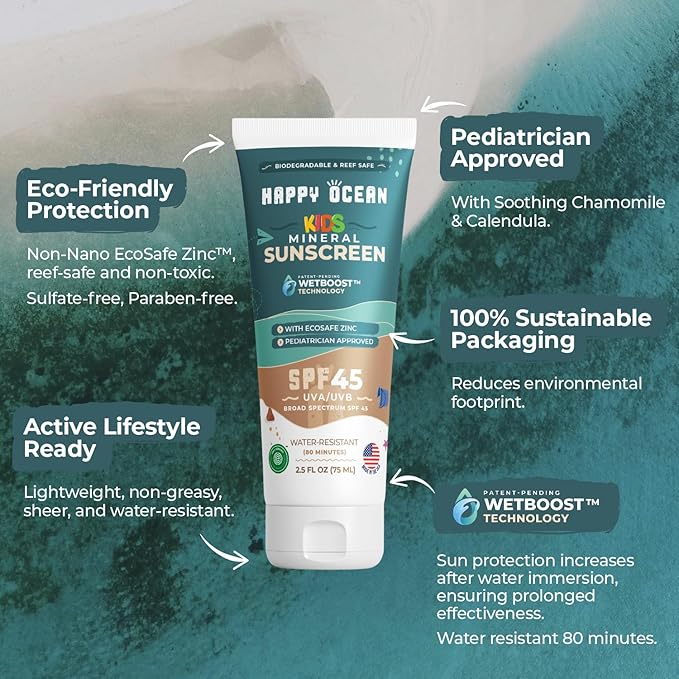 Happy Ocean Kids Mineral Sunscreen SPF 45 – Reef Safe, Non-Toxic for Babies & Toddlers, Zinc Oxide, Water Resistant, Travel Size, Face & Body