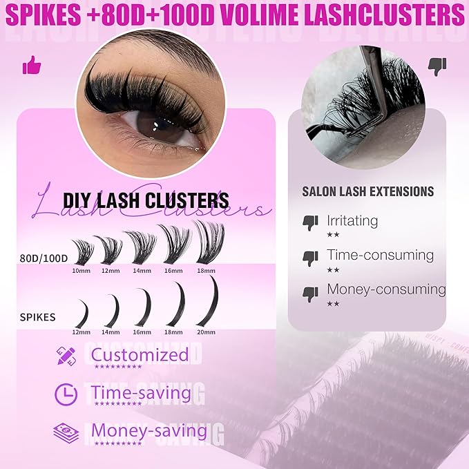EYDEVRO Lash Clusters with Spikes Wispy Eyelash Clusters Kit 12-20mm Spikes Lash Clusters 10-18mm 80D 100D Volume Cluster Eyelash Extensions Cluster Lashes Kit Individual Lashes Lash Bond and Seal
