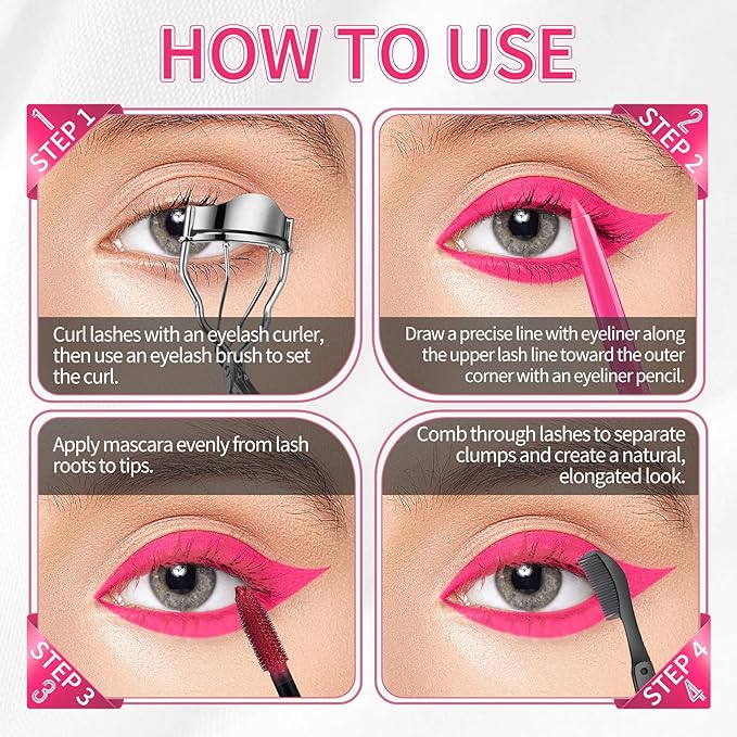 Pink Mascara and Eyeliner Set,5D Colored Mascara Volume and Length Waterproof,Natural Curling rimel de pestañas,Suitable for Women Eye Makeup