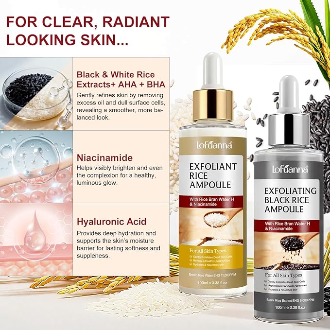 Black Rice Exfoliant and White Rice Ampoule Exfoliant, Peel Shot Glow Exfoliating Face Serum, Korean Skin Care Soft Exfoliating Body Scrub Dead Skin Cells, Blackheads Remover For All Skin Types 100ml