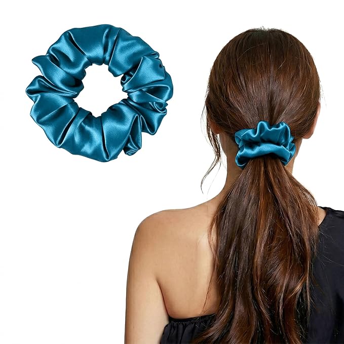 ZLYC 100% Mulberry Silk Scrunchie 19 Momme Gentle Creaseless Hair Tie for Women Dent-Free Ponytail Holder, 3.5cm Solid Peacock Blue