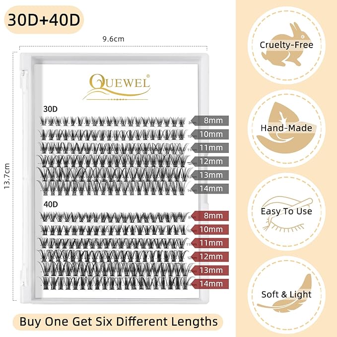 QUEWEL Lash Clusters 240Pcs Individual Lashes 30D+40D D Curl 8-14mm Length DIY Lash Extension Soft False Eyelashes Wispy Cluster Lashes Easy to Create Natural Look At Home(30D+40D-D-MIX8-14)