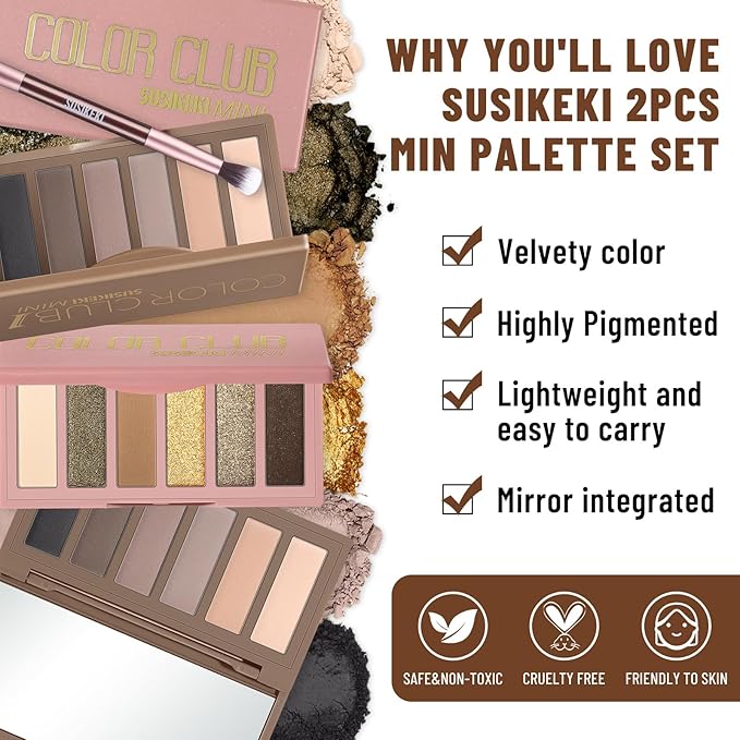 SUSIKEKI 2PCS 6 Colors Mini Eyeshadow Palette Makeup with Brush Set Neutral Nude Eye Shadow Brown & Olive-colored Matte Shimmer Make Up Pallet with Mirror Highly Pigmented Travel Size Gift Kit