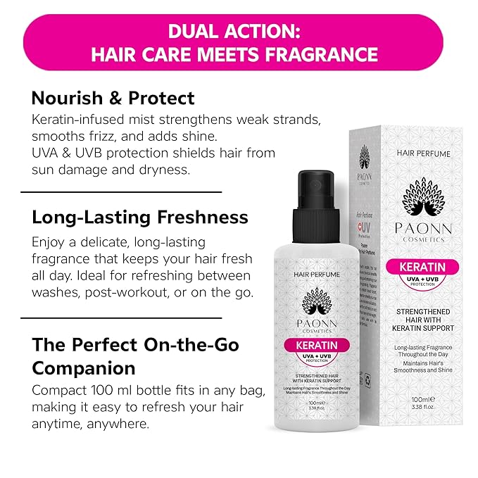 Keratin Hair Perfume, Keratin-Enriched Mist, UVA & UVB Protection Fragrance, Long-Lasting Scent, Hair Care Smoothness & Shine