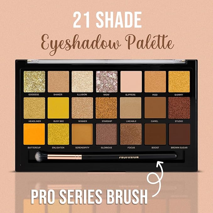 Profusion Cosmetics 21 Shades Gold Rush Eyeshadow Palette and Pro Series Brush for Flawless Eye Look, Get Attractive and Stunning Eye Look with Premium Makeup Kit