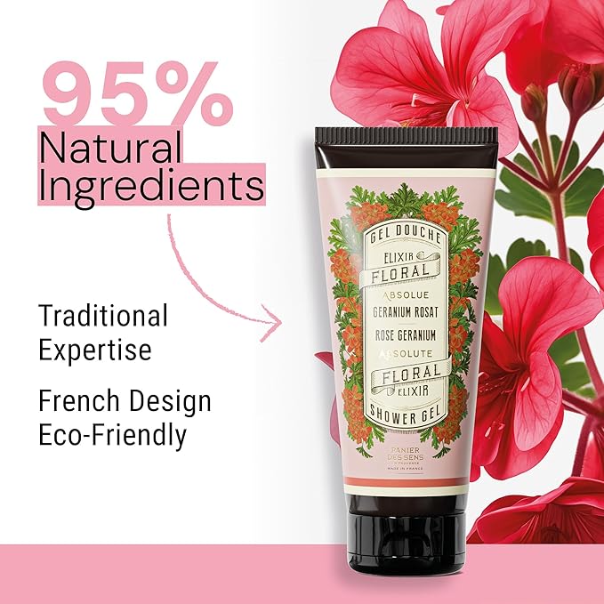 Panier des Sens - Rose Geranium Moisturizing Body Wash for Women & Men - Gentle Shower Gel - 96% Natural - Normal, Sensitive Skin - Body Care Made in France, SLS Free, Vegan - 6.8 floz