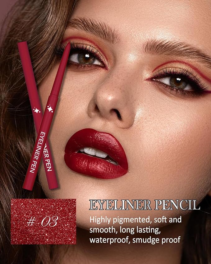 Glitter Red Rose Eyeliner Pencil, Waterproof Glitter Gel Eyeliner, Smudge Proof Long-Lasting Metallic Waterline Eye Liner, Precision Retractable Shine Pen for Mature Women Girls Eye Makeup- #03